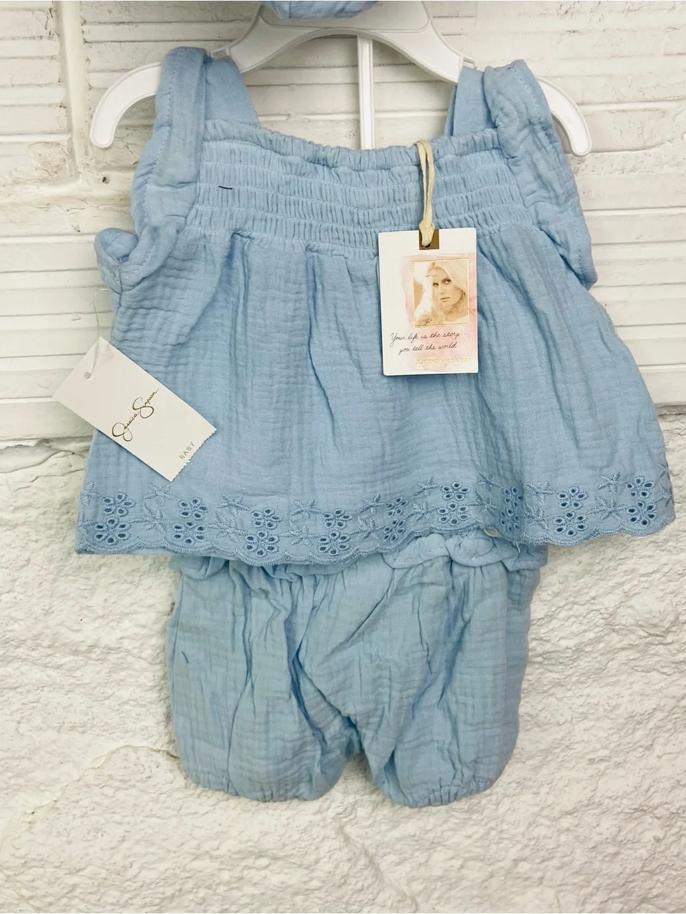 NWT Jessica Simpson Light Blue Cotton Gauze top & Bottoms Set with Matching Hat